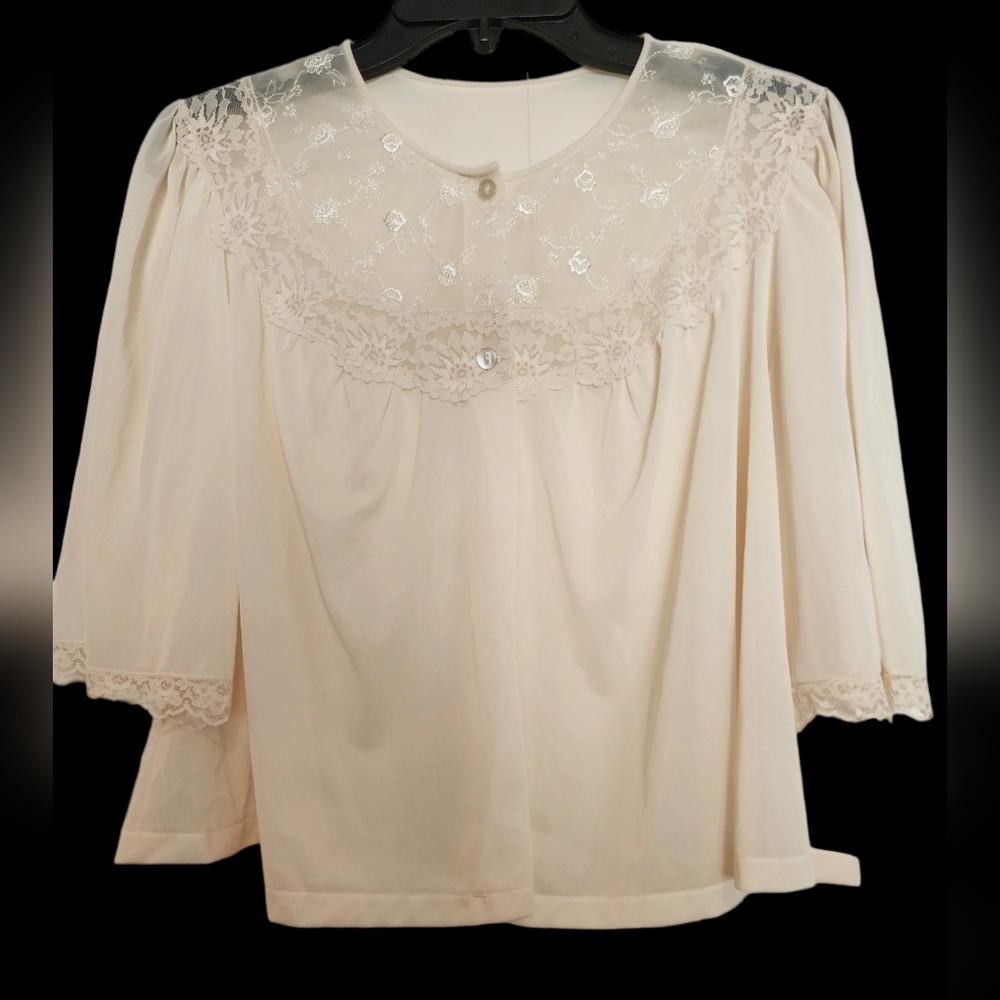 VINTAGE Cream Lace Embroidered Seamprufe Bed Jacket Made USA SZ Medium